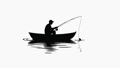 fishing boat silhouette Man Fishing from Boat with Rod on Water Vector Illustration