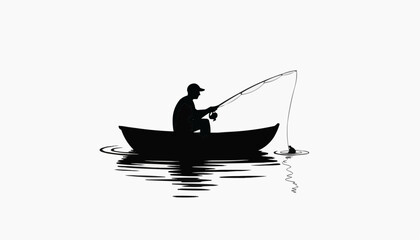 silhouette of a man in a boat Man Fishing from Boat with Rod on Water Vector Illustration