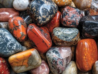 Assorted Smooth Polished River Stones With Vibrant Red Orange Black White and Gray Colors Close up Macro Shot