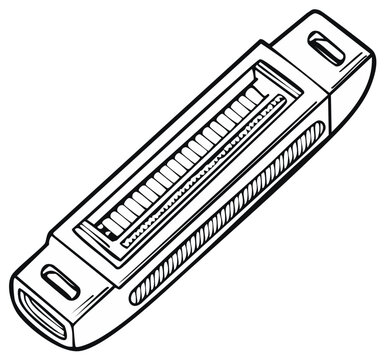 Hand-drawn monochrome line art illustration of a futuristic electronic gadget or technical component.