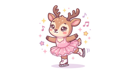 Fototapeta premium Cute Deer Ice Skating in Pink Dress Kawaii Style Vector Illustration