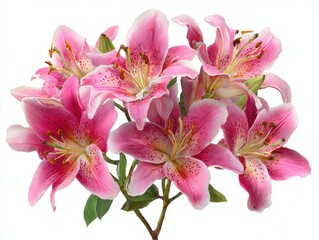 Bouquet of Pink Lilies with White Speckles and Green Stems on a White Background