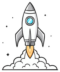 Hand-drawn Rocket Launching with Smoke and Stars Illustration For Space Missions