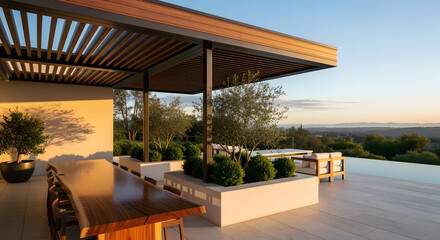 Fototapeta premium Luxury outdoor dining area with infinity pool and sunset view, modern architectural design