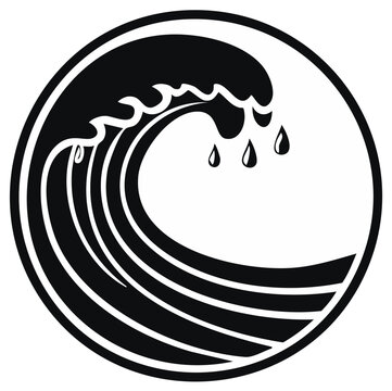Large stylized ocean wave crashing inside a circular frame black and white vector logo