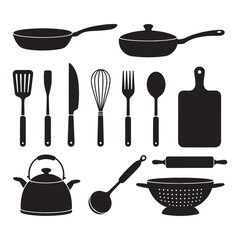 Kitchen Utensil Silhouette Vector Set 13 Minimal Cooking Tools on White Background