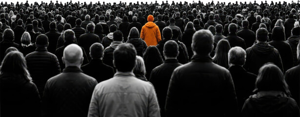 Obraz premium A lone individual in an orange jacket stands out from a densely packed crowd viewed from behind in a desaturated dramatic scene gathering separation uniqueness difference