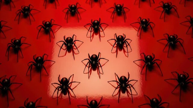Many Black Spiders Pattern on Red Surface, Horror, Danger, Creepy Concept