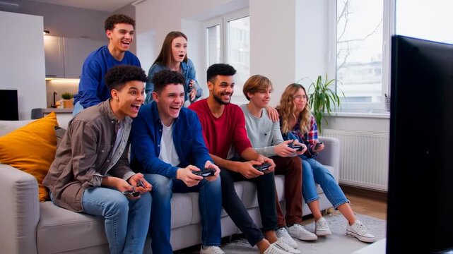 Excited Friends Gaming Together - A Fun-Filled Video Game Session.