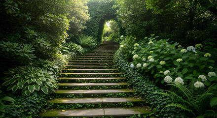 Overgrown garden stairs covered in moss and ivy, leading through lush foliage