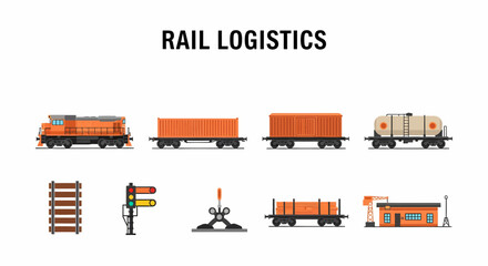 Flat vector icons illustrating elements of rail logistics including rolling stock and infrastructure © Faisal