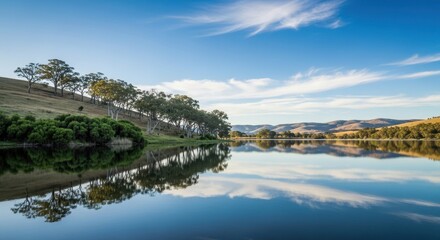 A tranquil lake reflecting trees and clouds under a bright blue sky, showcasing a serene natural landscape.