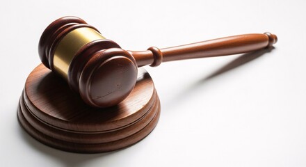 Wooden gavel on sound block illustrating justice legal system adjudication