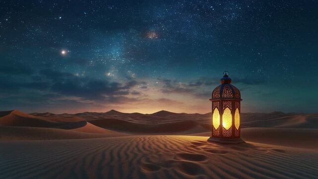 Glowing ornamental Ramadan lantern on desert sand dunes under a starry night sky