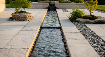 Obraz premium Elegant modern garden with a water channel, stone slabs, and minimalist landscaping