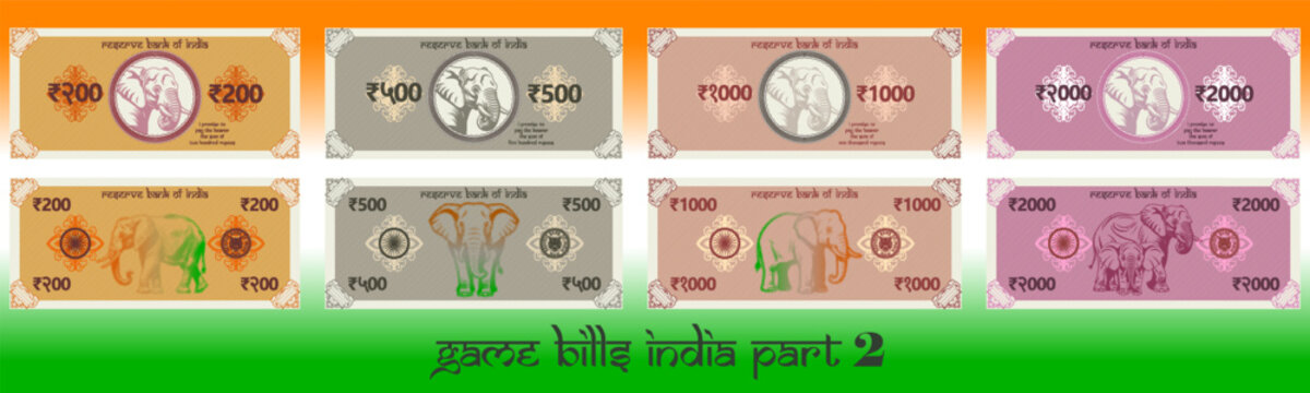 Vector set of game banknotes in denominations of 200, 500, 1000 and 2000 rupees of Republic of India. Collection of obverse and reverse bills. Big elephant. Indian gaming money. Part 2