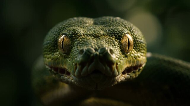 Green snake close-up portrait in dark jungle bokeh
