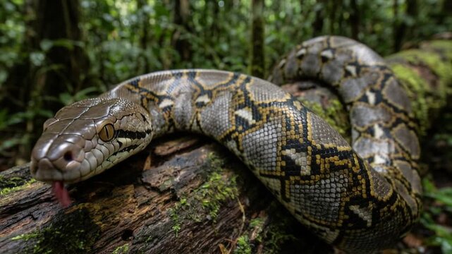 Reticulated Python Snake Rests on Mossy Log in Dense Jungle