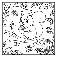 Fototapeta premium Cute Squirrel Coloring Page with Acorn and Autumn Leaves in Woodland Scene
