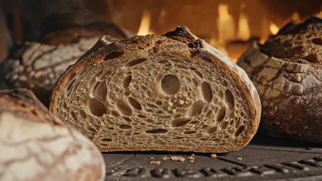 Freshly baked rustic sourdough loaves with a golden crust and airy crumb displayed on a cast iron surface near a warm oven hearth.