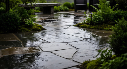Naklejka premium Rainy day on a flagstone patio with lush moss and ferns, creating a peaceful and wet atmosphere.