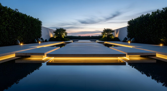 Modern outdoor walkway with integrated lighting and reflective water features at twilight.