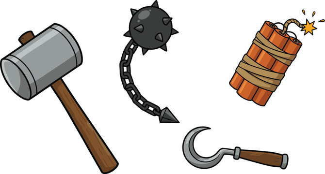 Cartoon medieval weapons illustration set, hammer mace flail dynamite hook tools, fantasy game combat items collection