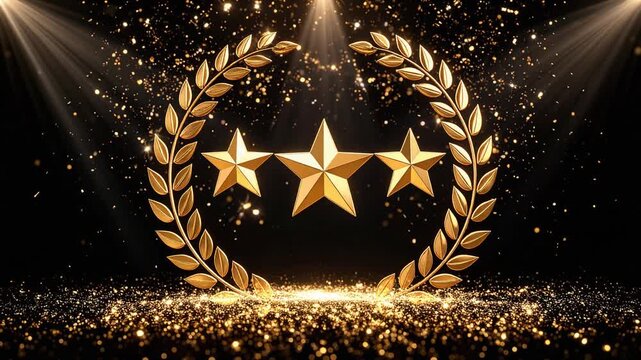 Golden laurel wreath and three stars with glitter　金の月桂樹と三つ星が輝く豪華なアワード背景　シームレスループ動画