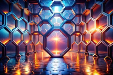 Abstract Hexagonal Structure with Glowing Interior and Sunset View