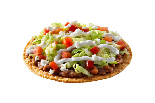 Bean tostada with lettuce tomato and crema, isolated on transparent background