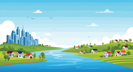 Naklejka premium Beautiful landscape featuring a modern city and a peaceful rural village separated by a winding blue river under a sunny sky.