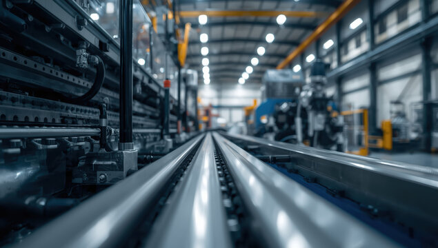 Industrial conveyor rail leading into large factory floor with machinery and overhead lighting