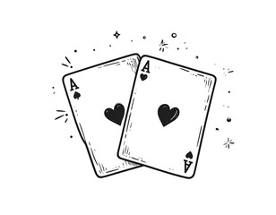 Two ace cards, heart and spade suits, surrounded by small stars; hand-drawn black and white illustration