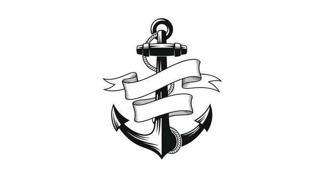 Hand-drawn vintage style nautical anchor wrapped with a blank ribbon for custom text in black and white ink style.
