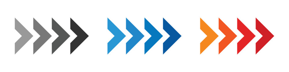 Moving arrow set. Dynamic arrow in black, blue and red color. Transparent PNG and vector