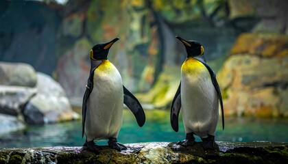 Fototapeta premium Two regal penguins stand on a textured rock near a shimmering, turquoise pool. Background rocky formations, greenery