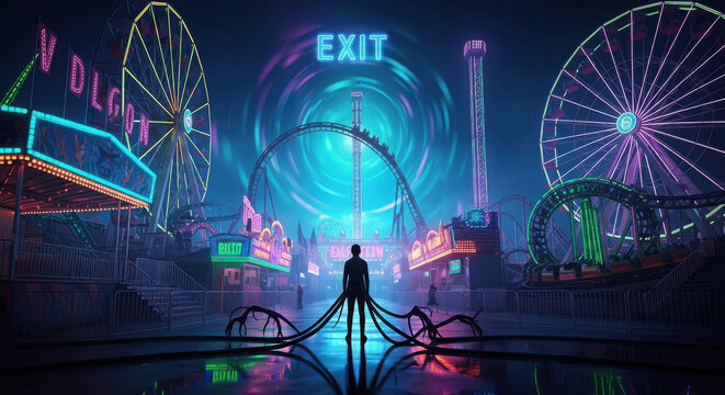Deceptively Beautiful Neon Carnival of Addiction: The Inner World's Perpetual Nighttime Loop Where the Exit Sign Fades