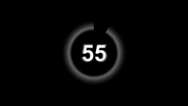 A 60 second timer on a black background showing remaining time through a circular bar