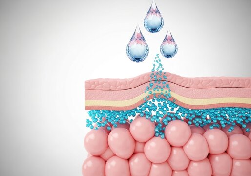 Illustrative depiction of skin hydration process showing water droplets penetrating epidermal layers