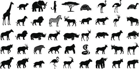 African safari animal silhouette mega set with trees birds and mammals isolated on white background black vector illustration wildlife collection