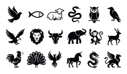 Obraz premium Assortment of classic animal icons featuring flying birds, majestic mammals, serpents, and legendary beasts perfect for branding, symbolic representation, and graphic projects.