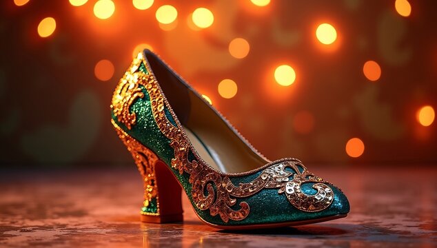 Elegant Emerald High Heel Shoe with Ornate Gold Detailing and Bokeh Background.