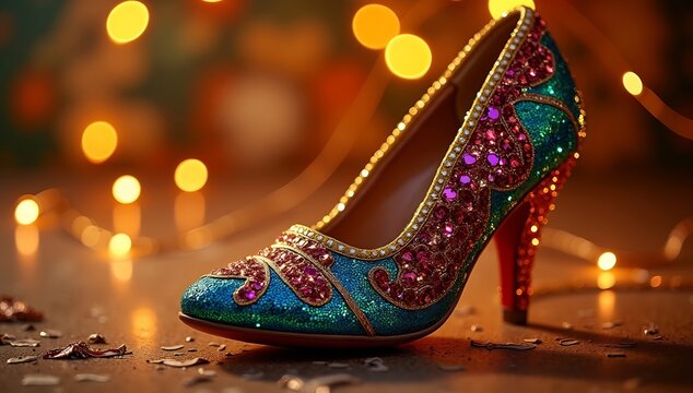 Elegant Embellished High Heel Shoe with Sparkling Details and Festive Background.