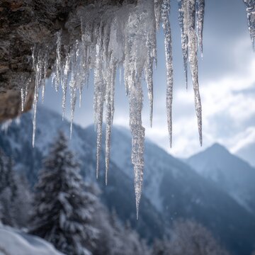 Sparkling icicles hang from a rock overhang, snowy mountains in the hazy background