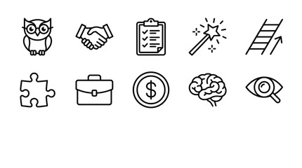 Business icons set, including owl, handshake, clipboard, magic wand, ladder, puzzle piece, briefcase, dollar coin, brain, eye, for business presentation or website, isolated on transparent background, © Graphicsworld