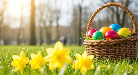 Brightly colored Easter eggs in a rustic wicker basket, surrounded by golden daffodils in a sunlit spring meadow, symbolizing renewal and joyous celebration