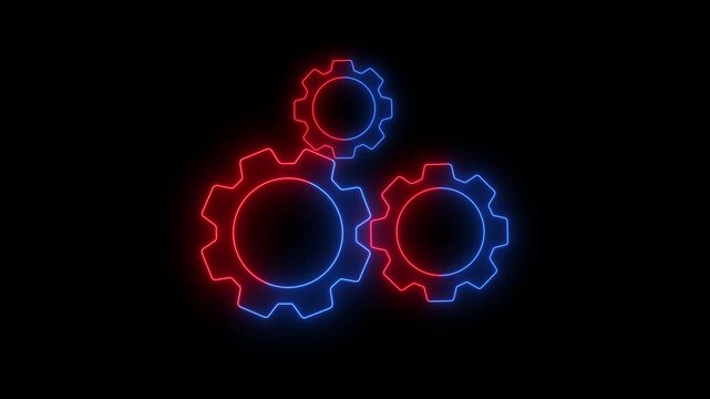Glowing neon animation of Three gears mechanism on black background. Gear rotation, mechanism with neon glow, clutch mechanics, settings animation concept.with 4k video animation.