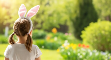 Little girl in bunny ears admiring a beautiful sunlit spring garden, celebrating the joy and wonder of Easter with a heart full of anticipation