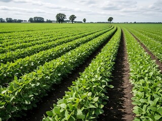 Lush Soybean Field with Rows Stretching to Horizon under Cloudy Sky