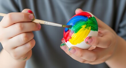 Close-up of a child's hands meticulously painting an Easter egg with vibrant colors, illustrating the joy of creative holiday decoration and traditional spring festivities